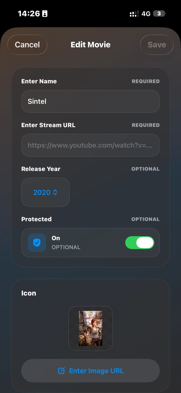 Edit Movie screen showing Protected toggle enabled
